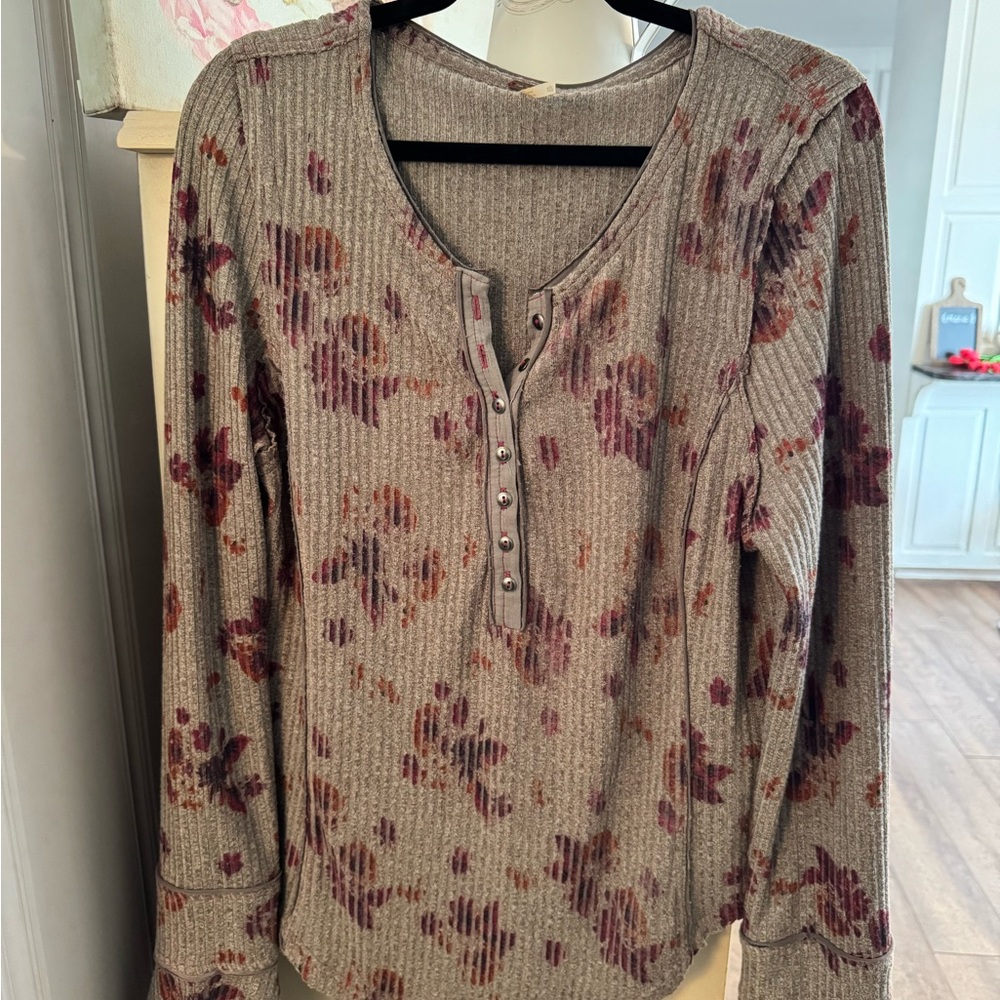 Free People Taupe Ribbed Henley with Plum Floral Print